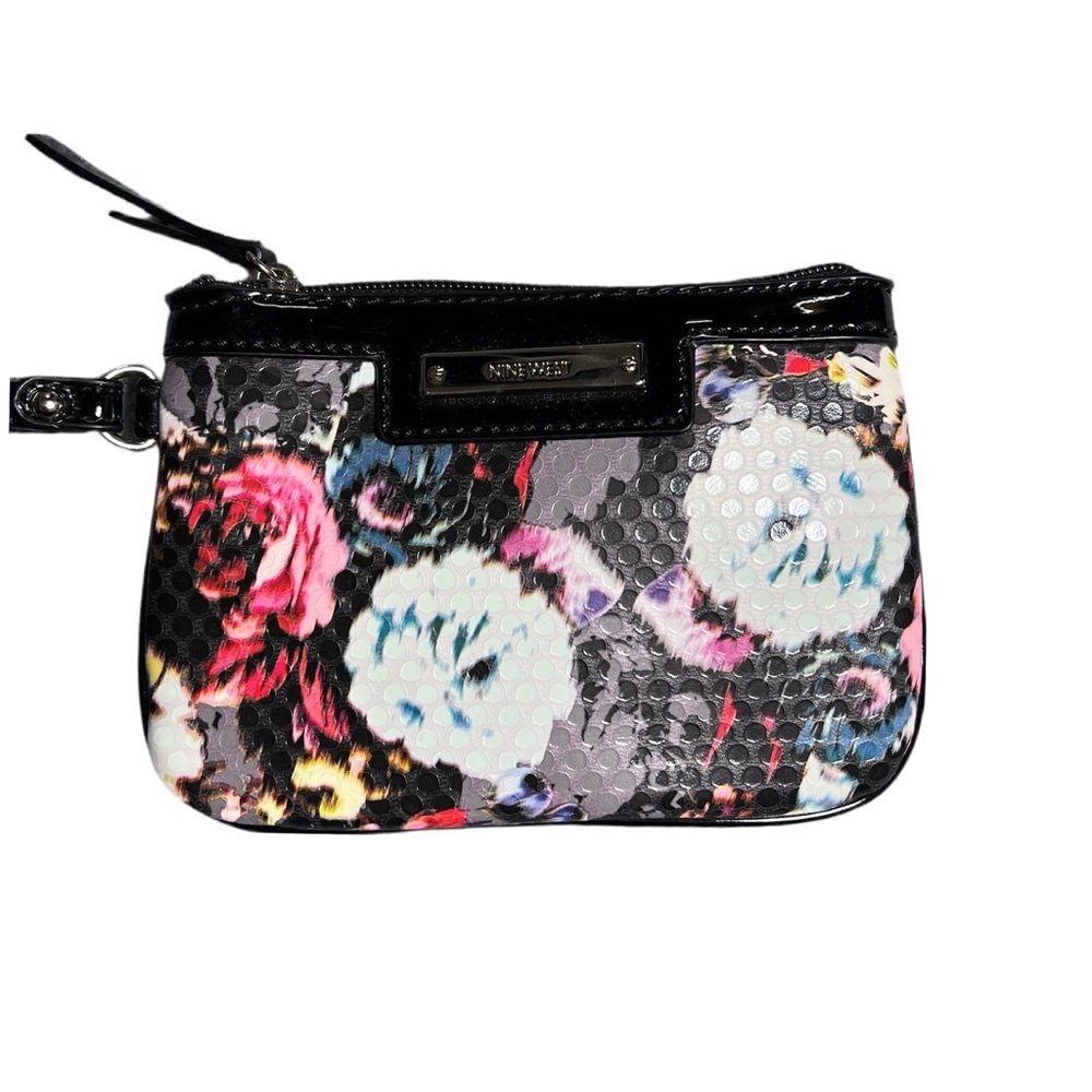 🖤🌸 Nine West Floral Wristlet Clutch Black Patent Trim Zipper Pouch 🌸🖤